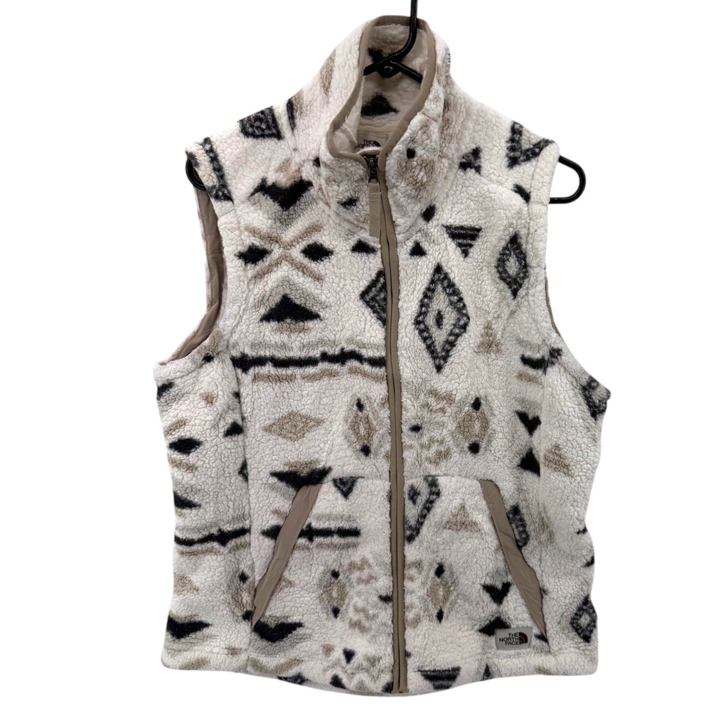 The North Face Womens Large Sherpa Fleece Vest Geometric Tribal Print Full Zip
